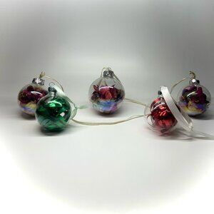5ct Dried Flower & Ribbon Filled Ornaments Christmas Tree Green & Red Balls Xmas